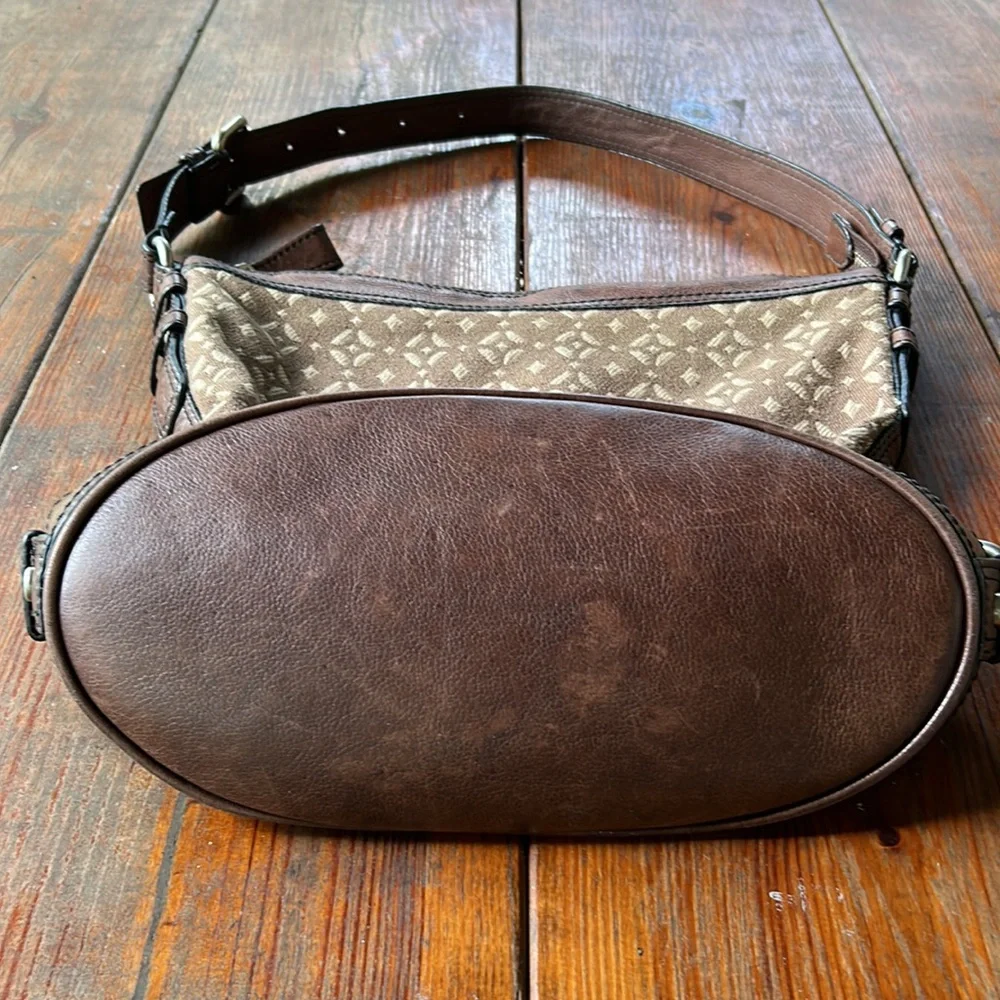 Fossil brown leather trimmed canvas signature buckle strap distressed bucket bag - Picture 7 of 12